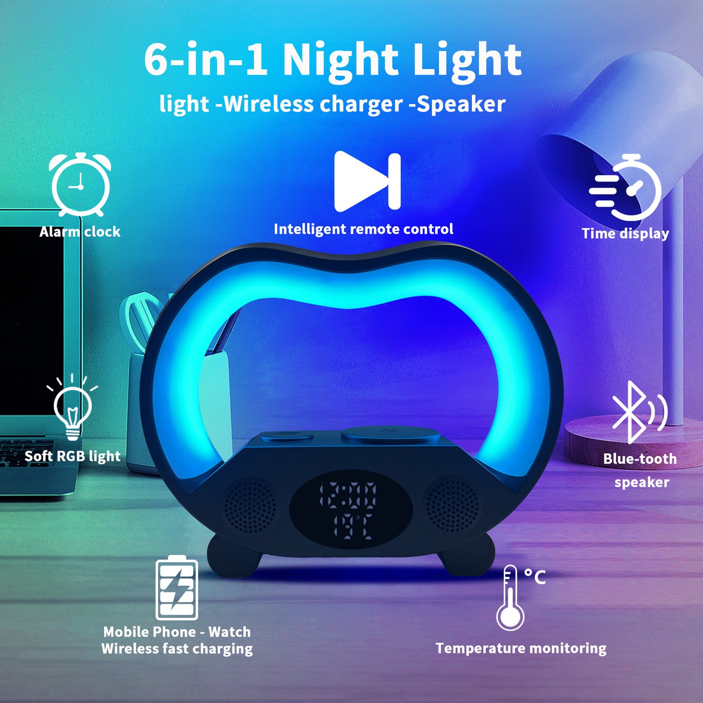 2024 New 6 In 1 LED Table Lamp Multi-function Wireless Charger Night Light Bluetooth Speaker